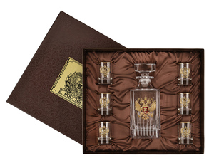 A set of "Coat of Arms of the Russian Federation" with a Timeless damask with an overlay "Coat of Arms of the Russian Federation" brass, and 6 glasses in a gift box